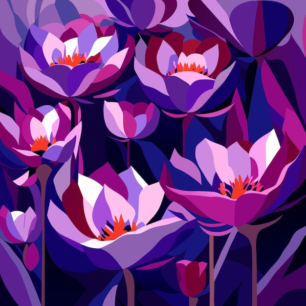 Illustration de nombreuses fleurs roses violettes avec de longues tiges vectorielles