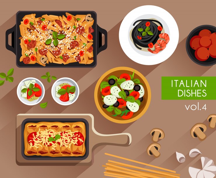 Vecteur illustration de la nourriture: ensemble de cuisine italienne