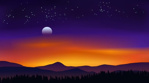 Vecteur illustration de nuit de montagne ciel coloré et vibrant sur la chaîne de montagnes avec le lever de la lune et les étoiles