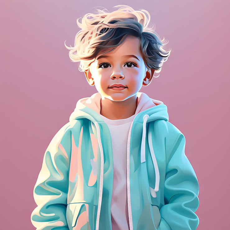 Vecteur illustration numérique d'un garçon avec de grands yeux et regardant la caméra sur un fond rose illu numérique