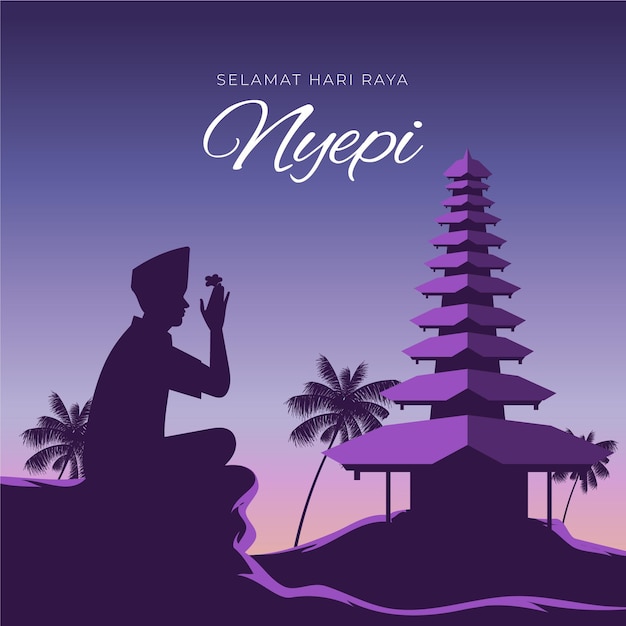 Illustration de Nyepi avec silhouette méditant