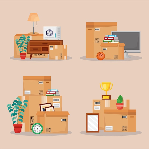 Illustration d'objets et de boîtes en mouvement