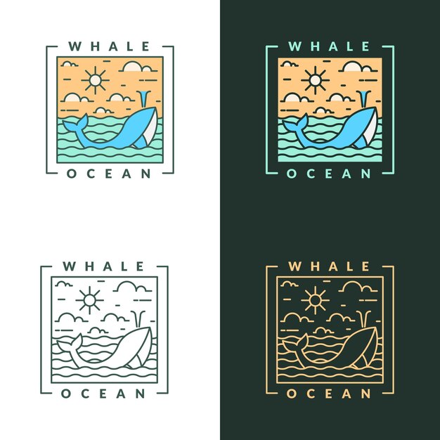 Vecteur illustration de l'océan et de la baleine monoline ou style d'art en ligne