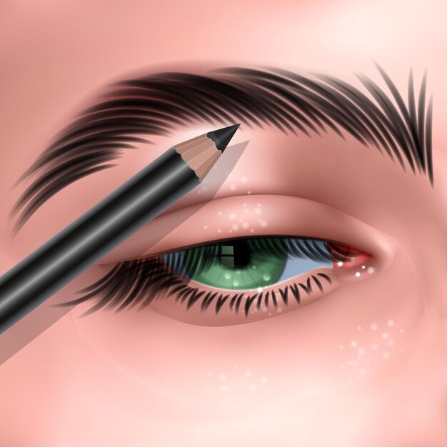 Vecteur illustration avec œil féminin vert et crayon à sourcils de maquillage dans un style réaliste