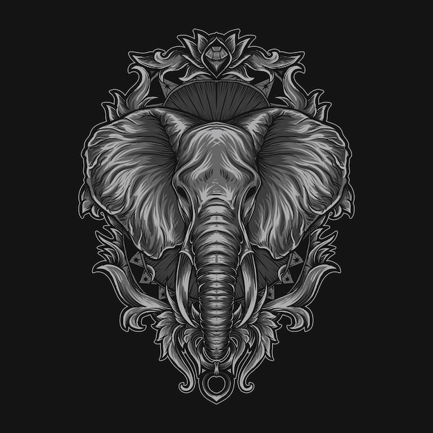 Illustration D'oeuvre D'art Et Ornement De Gravure Tête D'éléphant T-shirt