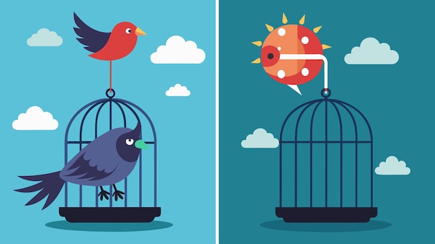 Une Illustration D'un Oiseau En Cage Avec La Version Avant Montrant Un Oiseau Triste Et Immobile Et L'après