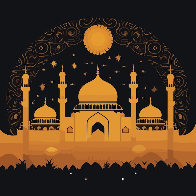 Une illustration or et noire d'une mosquée avec un soleil et des étoiles.