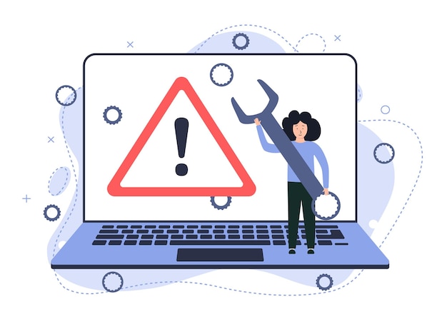 Illustration d'un ordinateur portable cassé Signe d'avertissement d'erreur sur l'écran Image vectorielle d'un appareil informatique cassé ou réparé