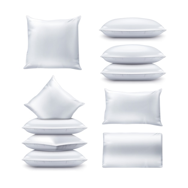 Illustration d'oreillers carrés et rectangulaires blancs vierges. ensemble de dessus de coussin et vue de face