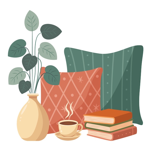 Illustration avec des oreillers, des livres, des meubles de chambre et une tasse de café Concept de confort et de tranquillité à la maison