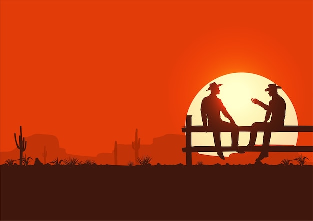 Illustration De L'ouest Sauvage, Silhouette De Cowboys Assis Sur Une Clôture