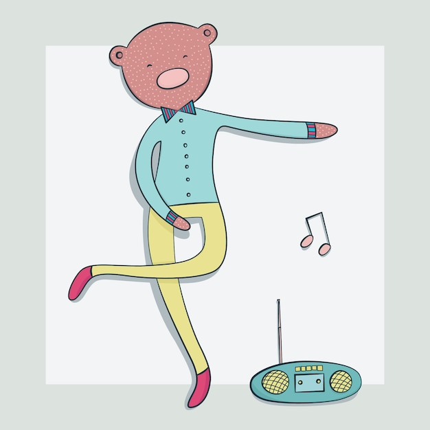 Vecteur une illustration d'un ours en peluche dansant sur la musique à la radio