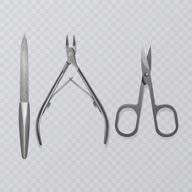 illustration avec outils de manucure, lime à ongles, ciseaux réalistes et coupe-cuticules