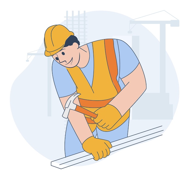 Illustration d'un ouvrier de la construction qui frappe un vecteur plat