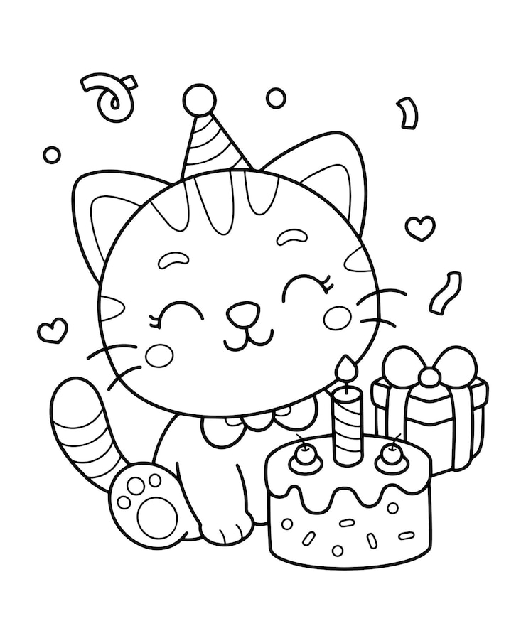 Vecteur illustration de la page de coloriage de l'anniversaire du chat