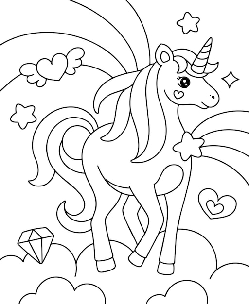 Illustration de la page de coloriage de l'arc-en-ciel de la licorne
