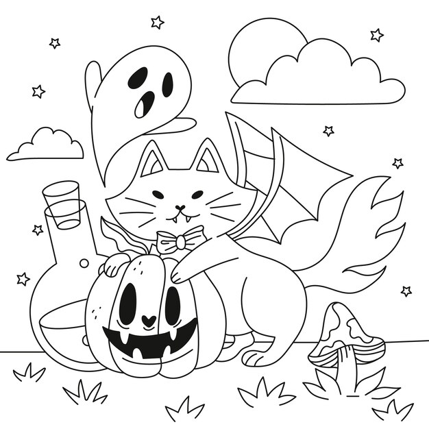 Illustration de page de coloriage dessinée à la main pour la célébration d'halloween