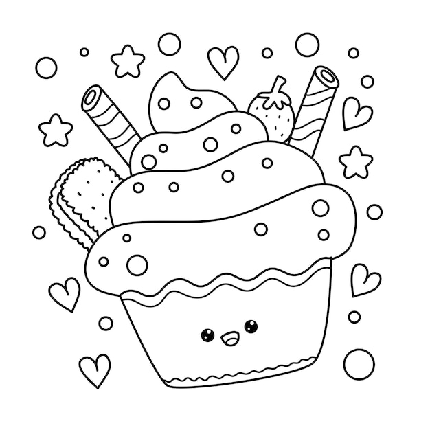 Vecteur illustration de la page de coloriage du cupcake kawaii