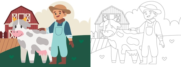 Illustration De Page De Coloriage D'enfants Avec L'agriculteur Et La Vache