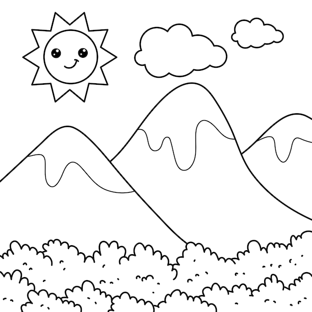 Vecteur illustration de la page à colorier du ciel et de la montagne kawaii