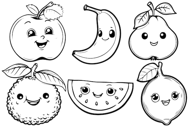 Vecteur illustration de page à colorier de fruits souriants, y compris une pomme, une banane, une poire, un lychee, un citron et