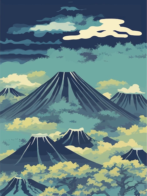 Vecteur illustration pagode japonaise ou asiatique volcan de montagne traditionnel japonais dans les nuages avec