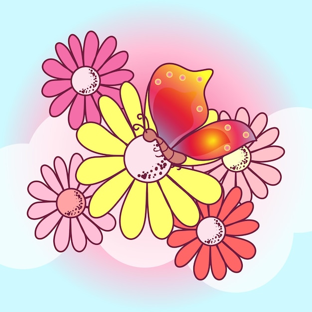 Vecteur illustration papillon et fleurs de style kawaii