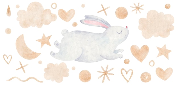 Illustration De Pâques D'un Lapin Mignon Sautant Parmi Les Coeurs, Les Nuages, Les Points De Couleur Dorée