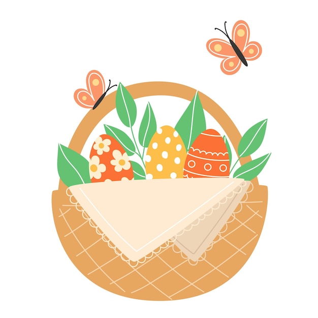 Vecteur illustration de pâques avec des papillons et des œufs peints dans un panier en osier pour les vacances dans un style dessin animé