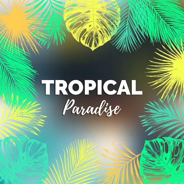 Illustration de paradis tropical vintage de vecteur Fond de feuilles de palmier exotique Affiche de feuillage de jungle esquissée à la main Cadre de plantes tropicales de couleur