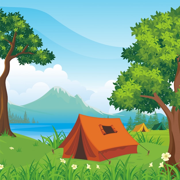 Vecteur illustration de paysage de camping