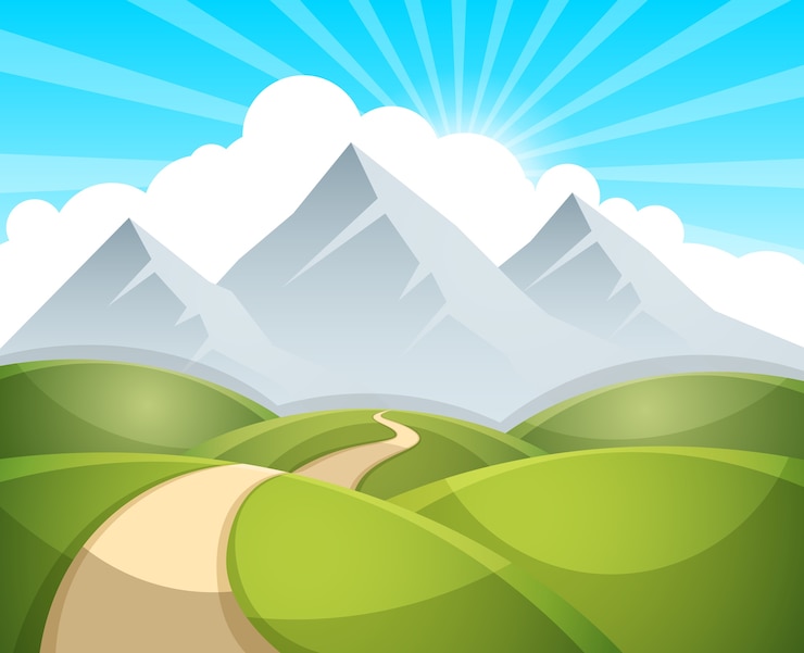 Vecteur illustration de paysage de dessin animé. soleil. nuage, montagne