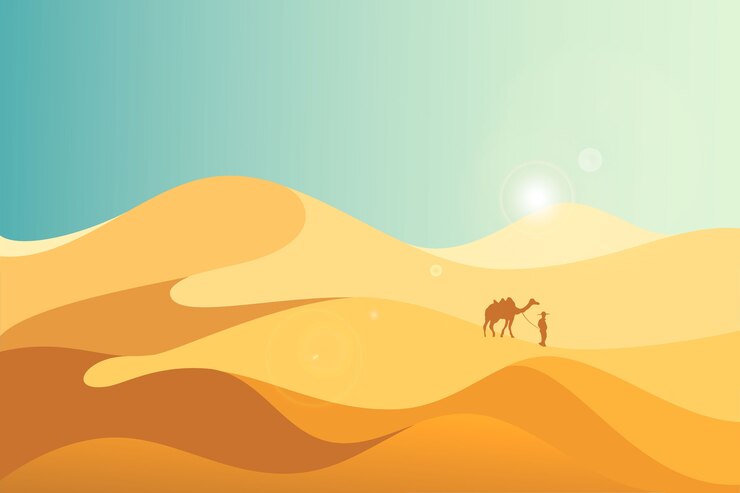 Illustration de paysage de dunes de sable jaune au désert avec espace de copie.