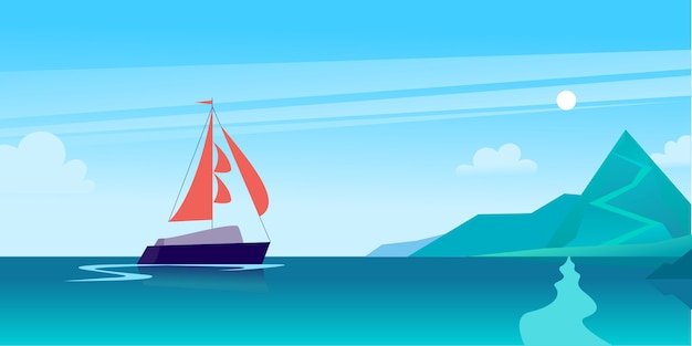 Vecteur illustration de paysage d'été plat avec navire naviguant à travers l'océan vers la côte avec des montagnes sur le ciel bleu nuageux.
