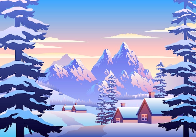 Vecteur illustration de paysage d'hiver enneigé avec maison, pins et montagnes