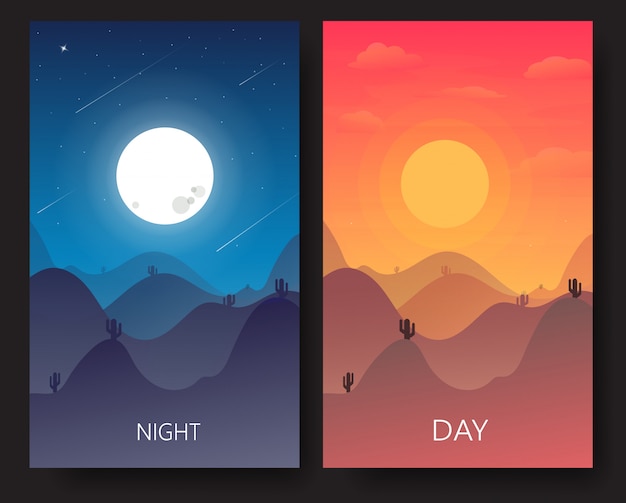 Vecteur illustration de paysage de jour et de nuit