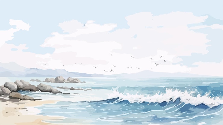 Vecteur illustration de paysage marin dessinée à la main à l'aquarelle