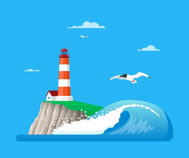 illustration de paysage marin avec phare dans un style plat