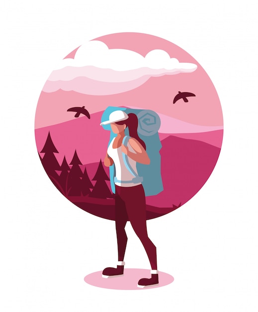 Vecteur illustration paysage avec montagnes et voyageur wanderlust