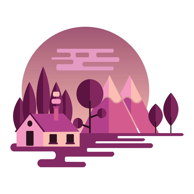 Vecteur illustration de paysage de nuit dans un style plat avec montagnes, forêt et hom. contexte pour le camp d'été, le tourisme de nature, le concept de conception de camping ou de randonnée. illustration vectorielle.