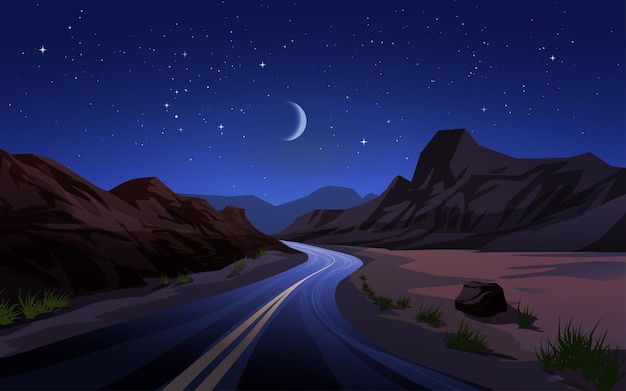 Vecteur illustration de paysage de nuit du désert avec route sinueuse