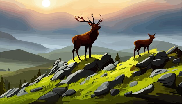 Vecteur illustration de paysage de printemps de montagnes cerfs sous le ciel et montagnes dans le brouillard rennes à cornes