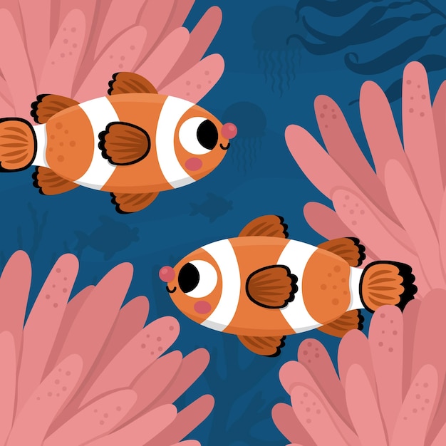 Illustration de paysage vectoriel sous la mer avec des poissons clowns et des actinias Scène de vie océanique avec du sable, des algues, des récifs coralliens, un arrière-plan d'eau carré et mignon, une image aquatique pour enfants.