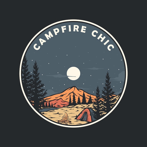 Illustration De Paysages De Camping Au Milieu De La Forêt Avec Un Feu De Joie