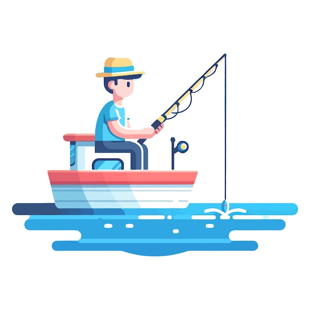 Vecteur illustration d'un pêcheur pêchant à partir d'un bateau sur un fond blanc