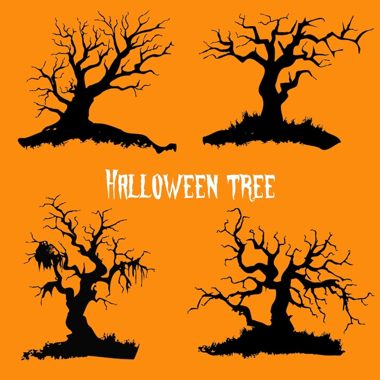 Vecteur illustration peinte à la main de la collection d'arbres d'halloween sur un fond orange