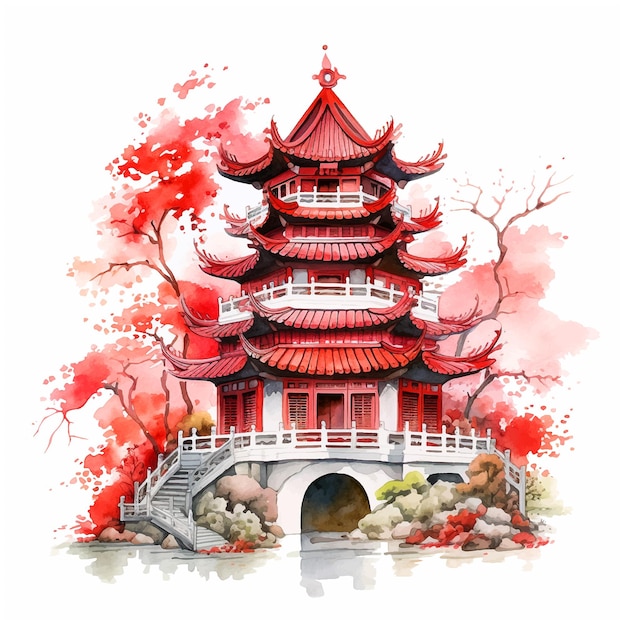 Vecteur illustration de peinture à l'aquarelle du temple chinois