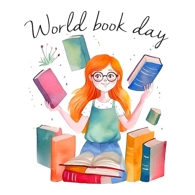 Illustration de peinture aquarelle fille journée mondiale du livre