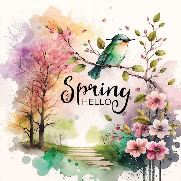 Illustration de peinture aquarelle Hello Spring