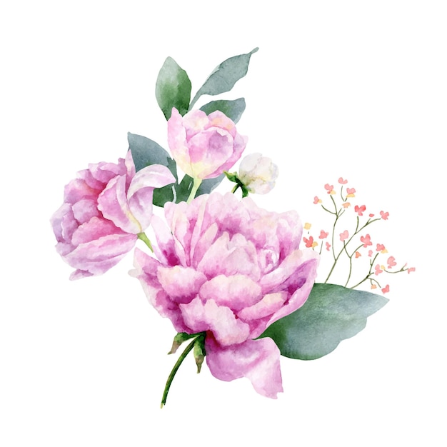 Illustration de peinture à la main de vecteur aquarelle de fleurs de pivoine et de feuilles vertes